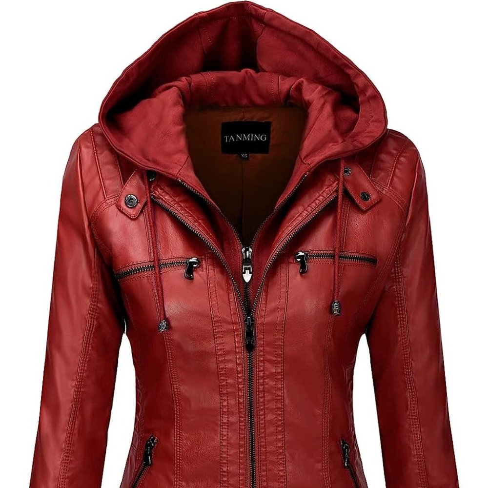 Cherry Red faux Leather Jacket with removable hoodie XL